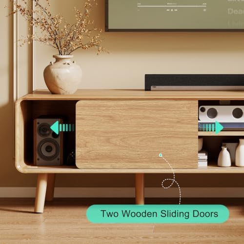 Nasonet 70" Mid Century Modern TV Stand for Tvs up to 80", Entertainment Center with Storage, Sideboard Media Console for Living Room with 2 Sliding Door/Adjustable Shelves, Oak - Image 5