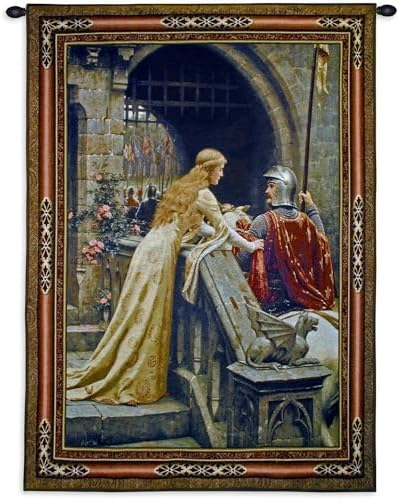 Godspeed Edmund Blair Leighton | Woven Tapestry Wall Art Hanging | Medieval Lady with Arthurian Knight | 100% Cotton USA Size 40x31 by FineArtTapestries