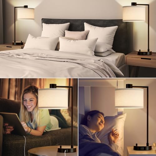 Luvkczc Table Lamp for Bedroom Set of 2 with USB C+A Ports, Fully Stepless Dimmable Bedside Lamp with Linen Lampshade, Contemporary Lamp for Living Room Reading Office, 2 LED Bulbs Included (Black) - Image 6