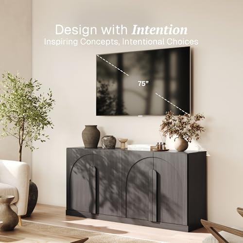 BELLEZE Bijou 64" Modern Buffet Sideboard, Mid-Century Arch Carved Wood Door Cabinet, Textured Storage Console for Living Room, Kitchen, Entryway - Ebony - Image 3