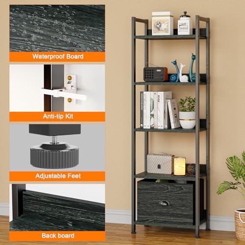 Furologee 5 Tier Bookshelf with Drawer, Kitchen Bakers Rack with Storage, Tall Narrow Bookcase, Industrial Free Standing Display Shelf, Wood and Metal Book Shelf for Bedroom, Living Room, Black - Image 4