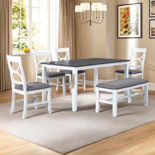 LUMISOL 6 Piece Solid Wood Dining Table Set, Upholstered Chair w/Bench Seat, Solid Wood Kitchen Room Table Set with Cross Back Chairs and Padded Bench for 6, GrayWash+White by LUMISOL