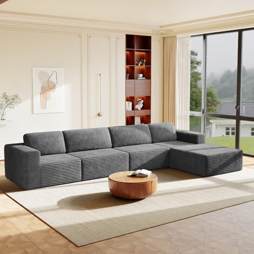 Vesgantti 159" Large Modular Sectional Sofa, L-Shaped Corduroy Cloud Couch with Deep Seats & Spring Support, 4-Seater Boneless Sofa with Movable Ottoman, No Assembly Needed, Grey by Vesgantti