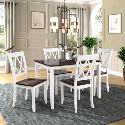 Harper & Bright Designs 5-Piece Wood Dining Table Set for 4, Kitchen Furniture Set with 4 High Back Dining Chairs for Small Places,White+Cherry by HarperBrightDesigns