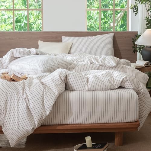 MooMee Striped Duvet Cover Set 100% Washed Cotton Linen Like King - Image 6