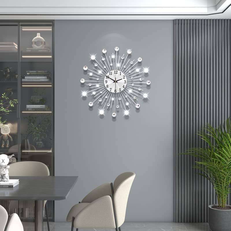 Large Decorative Wall Clock for Living Room Decor Silver Metal Crystal Modern Starburst Wall Clock 20 Inch Big Silent Quartz Clock Battery Operated Non Ticking for Kitchen Office Bedroom - Image 5
