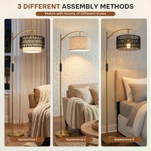 Arc Floor Lamp for Living Room with Remote, 57.5"-67" Height Adjust Dimmable Bulb Floor Lamps with 3 Color Temps, Boho Standing Lamp with Rattan & Fabric Shades, Farmhouse Tall Lamp for Bedroom Corner - Image 6