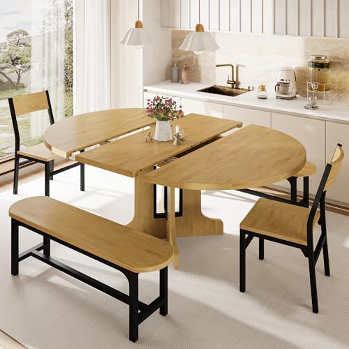 iPormis 5-Piece Round Dining Table Set for 4-6, 59" Extendable Dining Room Table Set with 2 Ergonomic Chairs & 2 Benches, Oval Modern Dinette Table with MDF Board and Metal Frame, Space-Saving, Oak - Image 3