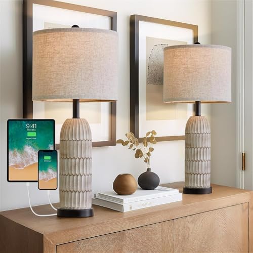 OYEARS 26.5" Bedside Table Lamps Set of 2, Farmhouse Table Lamp with USB A+C Charging Ports,Vintage Nightstand Lamp for Bedrooms and Living Rooms, Retro Resin End Table Lamp with Linen Shade,Black by OYEARS