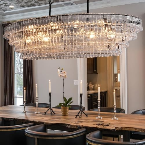 Large 65 Inch Black Rectangular Chandelier for Dining Room Modern, Clear Glass Drum Pendant Light, Extra Long Kitchen Island Lighting - Image 2