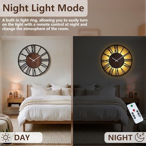 24Inch Large Lighted Wood Wall Clock Remote Control, Roman Numeral Modern Decorative Clock with Silent Movement, Battery Operated Clocks for Living Room Decor - Image 4