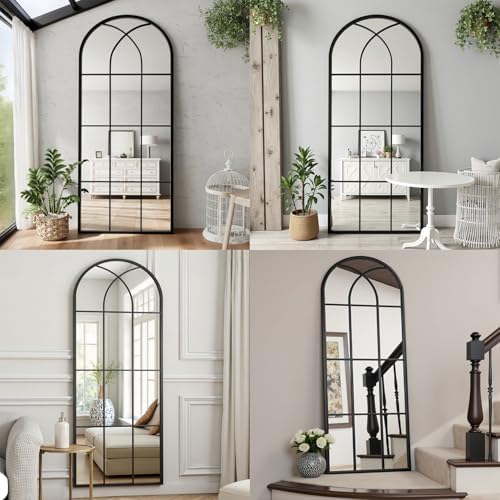 Dewfig Arched Full Length Mirror, 71"x 32" Windowpane Floor Mirror, Black - Image 4