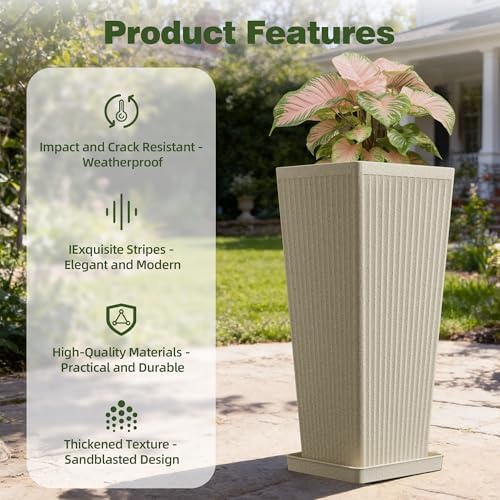 Square Tall Planters for Outdoor Plants with Tray - 24" Beige 2Pack - Image 4