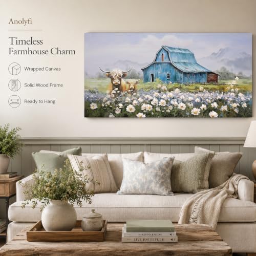 Anolyfi Farmhouse Highland Cow Canvas Wall Art for Living Room 40"x20" - Image 2