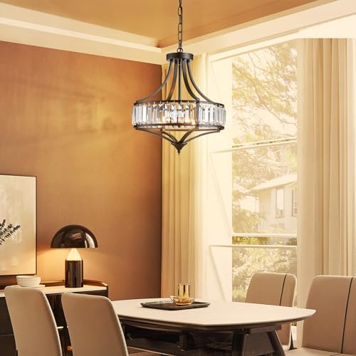 Black Crystal Chandeliers for Dining Room, Round Rustic Farmhouse Chandelier with Metal Shade 4-Light Modern Pendant Lighting for Hallway, Bedroom, Foyer - Image 2