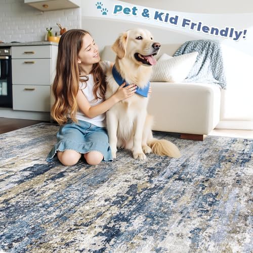 pmtsns Area Rugs 10x12 Living Room: Washable Rug Modern Abstract Neutral Soft Non-Slip Low-Pile Indoor Large Carpet for Bedroom Dining Room Playroom Home Office (Blue Grey Brown, 10'x12') - Image 5
