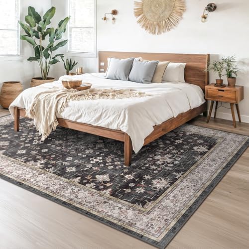 Black Boho Rug for Living Room 9x12 - Washable Dining Room Rugs for Under Table, Vintage Soft Low Pile Carpet for Bedroom, Non-Slip Farmhouse Bohemian Large Tumble Rug for High Traffic Area - Image 6