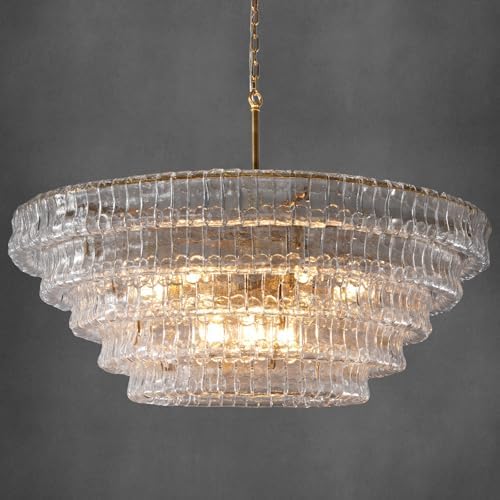 YIOSI Clear Glass 47 inch Round Chandelier for Dining Room, Modern Drum Pendant Light Fixture with Crystal Glass, Gold Large Ceiling Light Perfect for Living Room, Bedroom by YIOSI