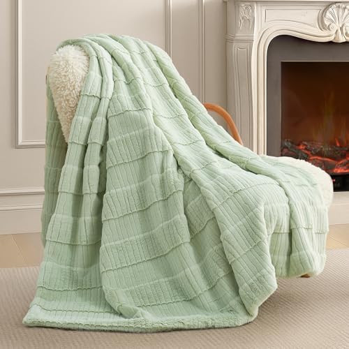 Amélie Home Luxury Striped Faux Fur Throw Blanket for Bed Queen Size, Soft Cozy Fuzzy Fluffy Plush Gift Blankets for Women, 88"x90", Sage Green by Am%C3%A9lieHome