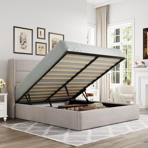 Allewie Full Size Lift Up Hydraulic Storage Bed Frame Light Beige by Allewie