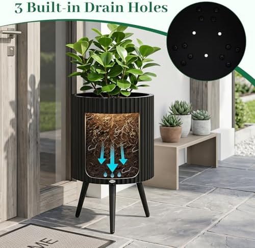 GIANTEX 14 Inch Plant Pot with Stand, Mid-Century Modern Fluted Planter - Image 4