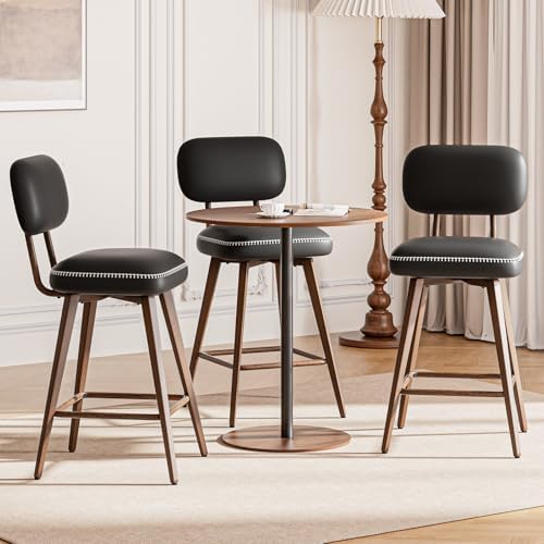 MALOL 26“ PU Leather Swivel Bar Stools Set of 3, Mid Century Counter Height Bar Chairs with Low Back and Metal Legs, Modern Bar Stool Chair for Kitchen Island, Black by MALOL