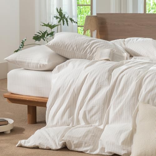 MooMee Striped Duvet Cover Set 100% Washed Cotton Linen Like - Image 5