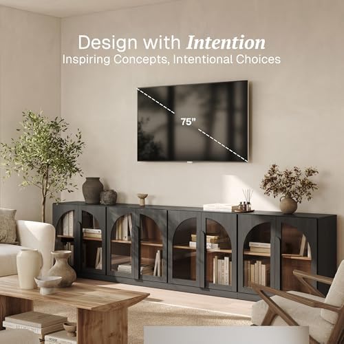 BELLEZE Bijou Set of 4 Wall-to-Wall Storage Cabinets (126" Wide) - Grand Sideboard Buffet System w/8 Arched Glass Doors - Massive Entertainment Center & Display Console for Living Room, Ebony - Image 3