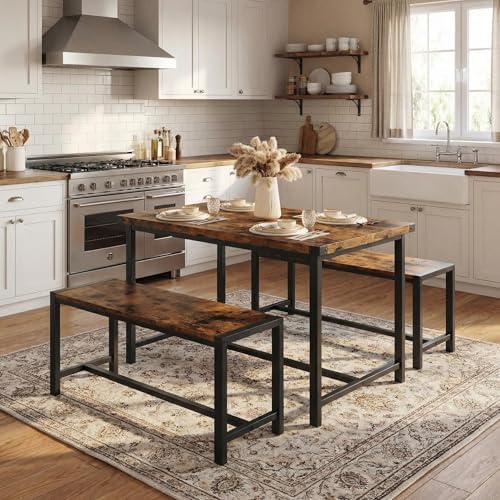 GarveeHome Dining Table Set for 4, Kitchen Table with 2 Metal Wood Benches, Rectangular Room Dining Table Set, 3 Piece Bench Table Set for Small Space, Apartment, Studio, Rustic Brown by GarveeHome