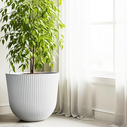 Worth Garden Round Large Planter Pot 1-Pack - 17.5" Dia x 15.5" H - Durable Plastic White Plant Tree Pots with Vertical Stripe Textured Finish, Drainage Hole for Indoor, Outdoor, Front Porch, Patio - Image 3