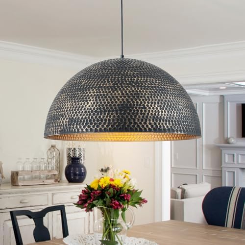 Lingkai 23.6 in. Black and Gold Hammered Pendant Light Fixtures, Industrial Metal Dome Shade, Pendant Lights Kitchen Island, Pendant Light for Kitchen Island and Dining Room by Lingkai