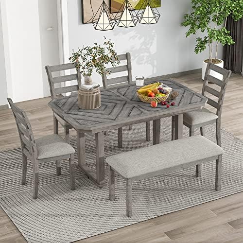 Solid Wood 6-Piece Dining Room Table Set with Beautiful Wood Grain Pattern Tabletop, Rustic Style Kitchen Dining Table Set with 4 Padded Ergonomic Chairs & a Bench (Gray-Grain) by Unknown