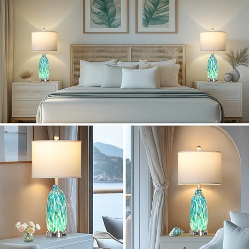 Rinweey 26" Peacock Green Glass Table Lamps Set of 2,Coastal Nautical Bedside Lamps with USB Ports & AC Outlet,Lamparas Elegantes para Cuarto with Night Light for Bedroom Living Room Decoration - Image 6