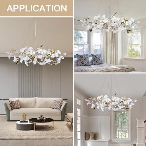 Branch Chandelier Modern Gold Ceramic Ginkgo Leaf Chandeliers L47 Inch Brass Rectangle Chandelier Large Luxury Hanging Lights Fixture for Living Room Dining Room, 6-Light - Image 2
