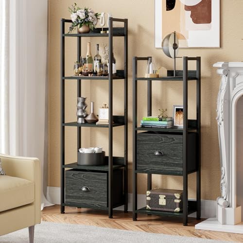 Furologee 4 Tier Bookshelf with Drawer, Small Narrow Bookcase, Wood and Metal Standing Shelf Unit, Industrial Display Storage Shelves Organizer for Bedroom, Living Room, Entryway, Black - Image 2