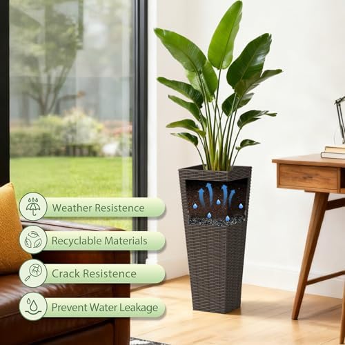 Greesum 23 Inch Tall Plastic Planters with Rattan Texture – Set of 2, Brown - Image 3
