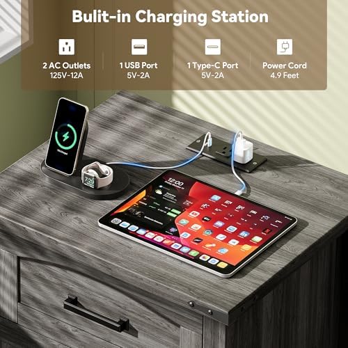 Decofy Farmhouse Nightstand Set of 2 with Charging Station, 3 Drawers - Image 3