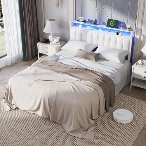 Furnulem White Queen Bed Frame with PU Upholstered Headboard & LED Lights - Image 5