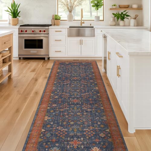 Washable 12 ft Long Runner for Hallway - Navy Blue Kitchen Floor Runner Rug, Pet Friendly Vintage Non Slip with Rubber Backing, Stain Resistant Laundry Room Rug (3x12 Navy Blue & Terracotta) - Image 3