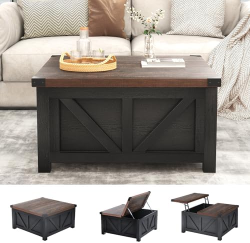 jimeimen Farmhouse Lift Top Coffee Table with Storage, Wood Square Center Table with Charging Station&USB Port, Living Room Table w/Large Hidden Space, for Living Room, Bedroom, Home Office, Black - Image 5