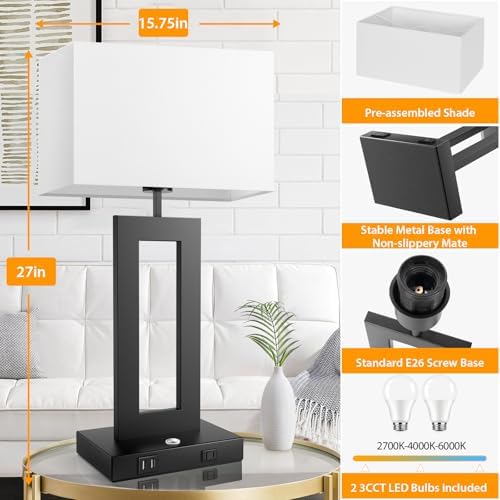 27.2’’ Tall Black Table Lamps for Living Room Bedroom, Bedside Touch Control Lamps with 2 USB Ports&AC Outlet, 3 Color Temp.&Stepless Dimming Desk Lamp Sets for Home Office, Pre-assembled White Shade - Image 2