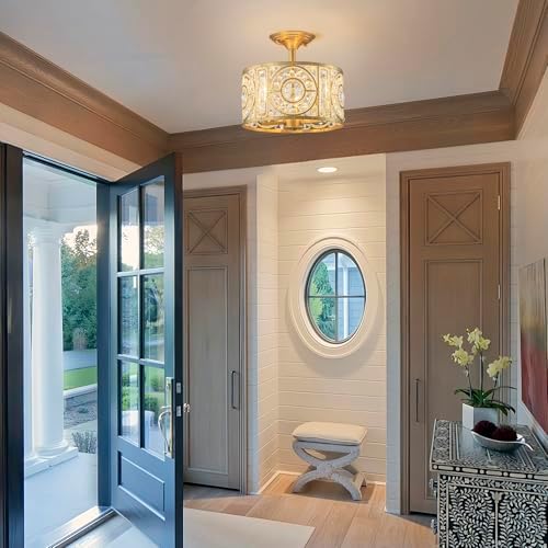 Semi Flush Mount Chandelier for Dining Room, 3-Lights Vintage Crystal Round Chandelier, Gold Retro Semi-Flush Mount Ceiling Lights Fixture for Living Room Bedroom Kitchen Hallway Foyer - Image 3