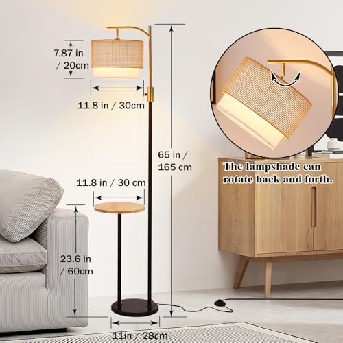 Dimmable Floor Lamp with Table and Marble Base, Arc Floor Lamp with Bulb, Boho Farmhouse Standing lamp with Fabric & Bamboo Shades for Living Room Bedroom - Image 4