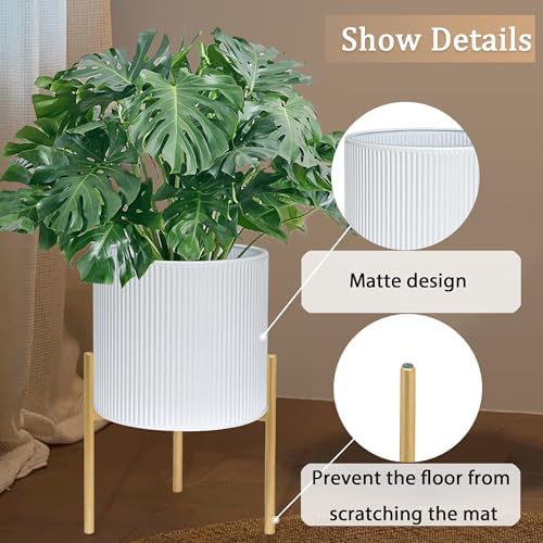 ARNIS Modern Planter Pots, Set of 2 Round Large Planters with Stand, Decorative Floor Planters, Metal Pots with Drainage Holes for Living Room, Office, Garden or Balcony, 8.25 &10.5 Inch, White & Gold - Image 3