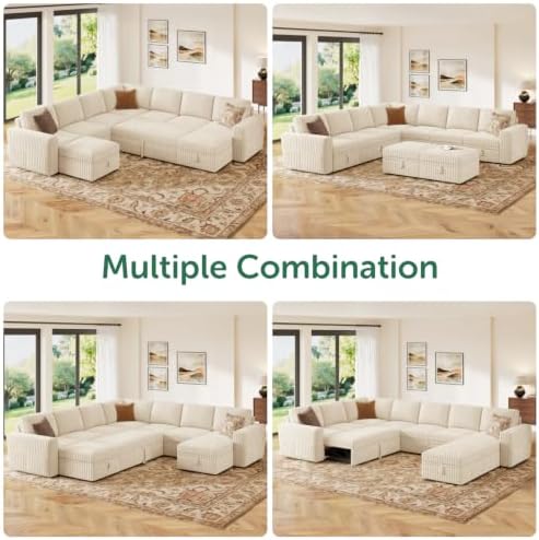HONBAY Modular Sectional Sleeper Sofa with Pull Out Bed Oversized Corduroy L Shaped Sofa Bed with Storage Couches for Living Room,Beige - Image 6