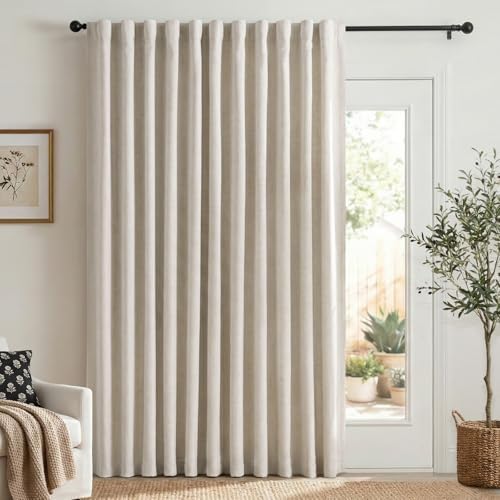 Linen Textured Total Blackout Sliding Door Curtains 96 Inches Long, Cream by 100BlackoutShield