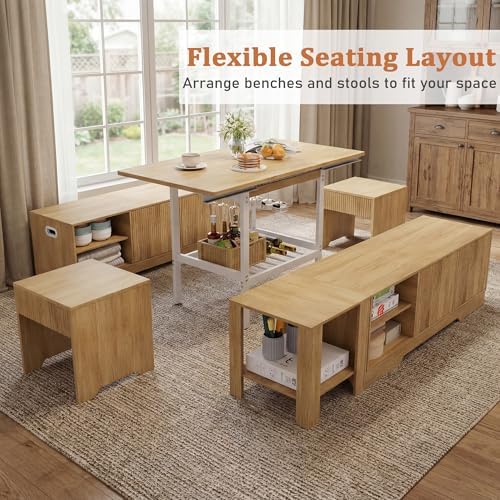 Extendable 6-Piece Breakfast Nook Set with Storage Benches & Stools, Corner Dining Table Set with Wine Glass Holder, Space-Saving Kitchen Table for Indoor/Outdoor Use (Natural Wood) - Image 6