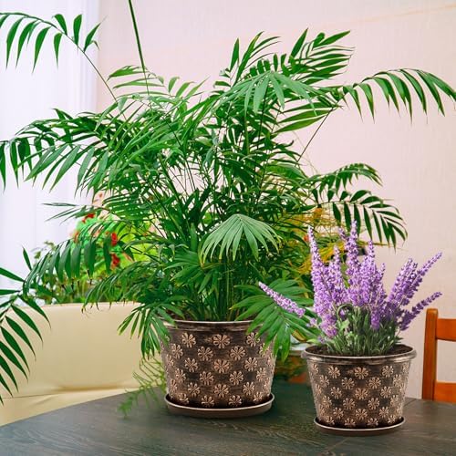 10 Inch Planter Pots for Plants, 4 Pack Plastic Large Flower Pots Indoor Outdoor, Resin Plant Pot with Drainage & Saucer, Retro Decorative Garden Pot with Removable Trays for House - Image 6