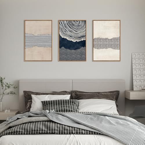 LHIUEM Large Abstract Navy Blue Beige Framed Canvas Wall Art,Modern Tree Rings Shapes Wall Decor,Neutral Retro Wooden Artwork for Living Room,Bedroom,Dining Room,Office -24"x36"x3 - Image 5