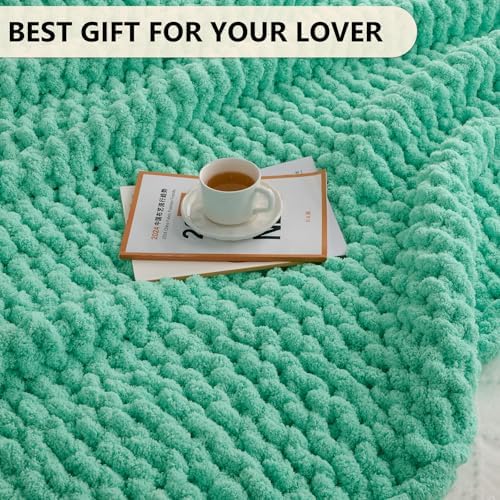 L'AGRATY Chunky Knit Throw Blanket for Couch, 50'' x 60'' Knit Throw, Aqua - Image 6